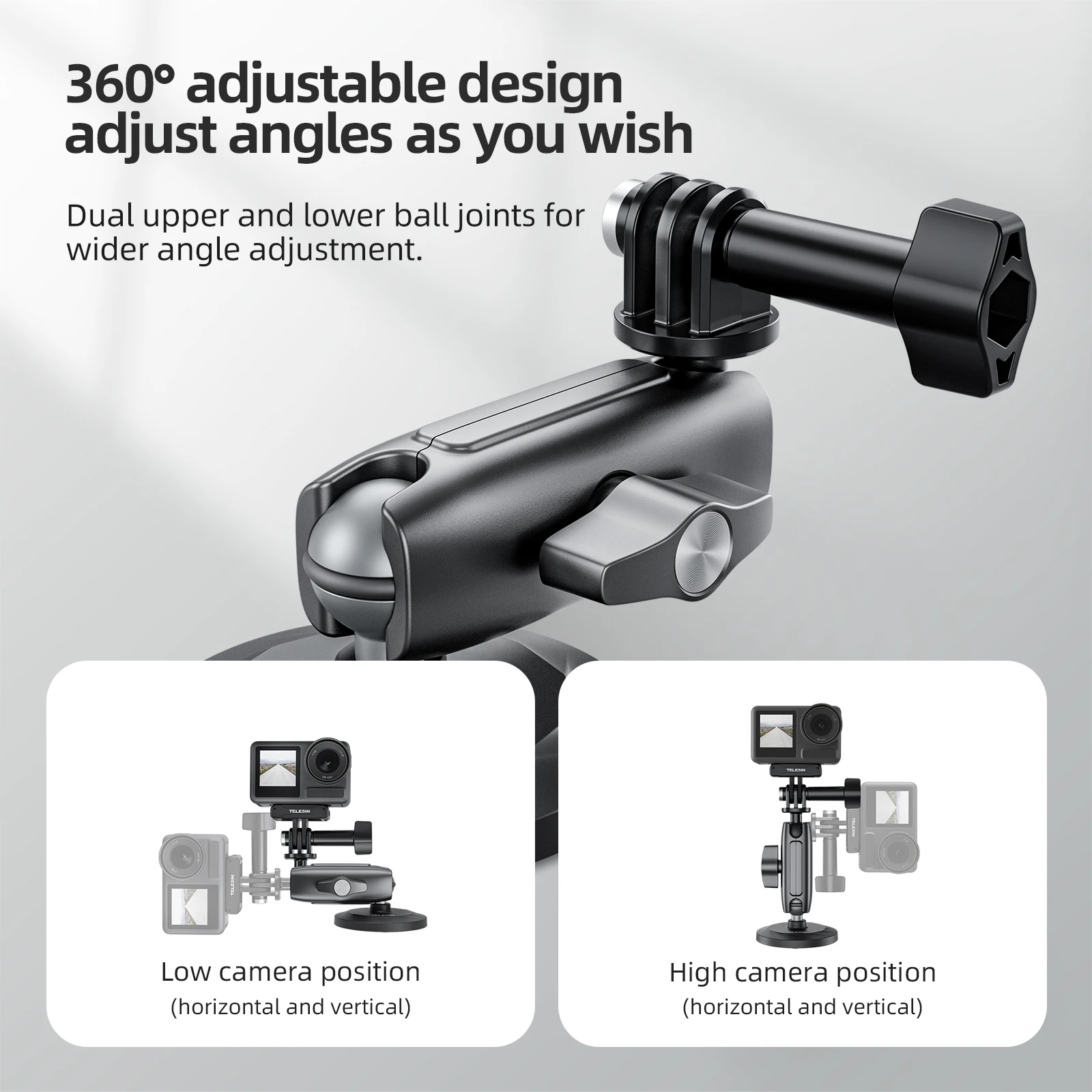 TELESIN Aluminum Alloy Magnetic 360° Adjustable 1/4 Adapter Action Camera Holder For GoPro Insta360 DJI OSMO Action Smart Phone