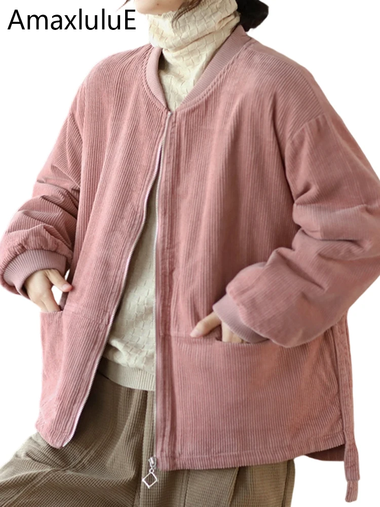 

Amax LuluE Korean Winter Fashion Parkas Womens Classic Corduroy Padded Coats Females Casual Vintage Solid Warm Thicken Jackets