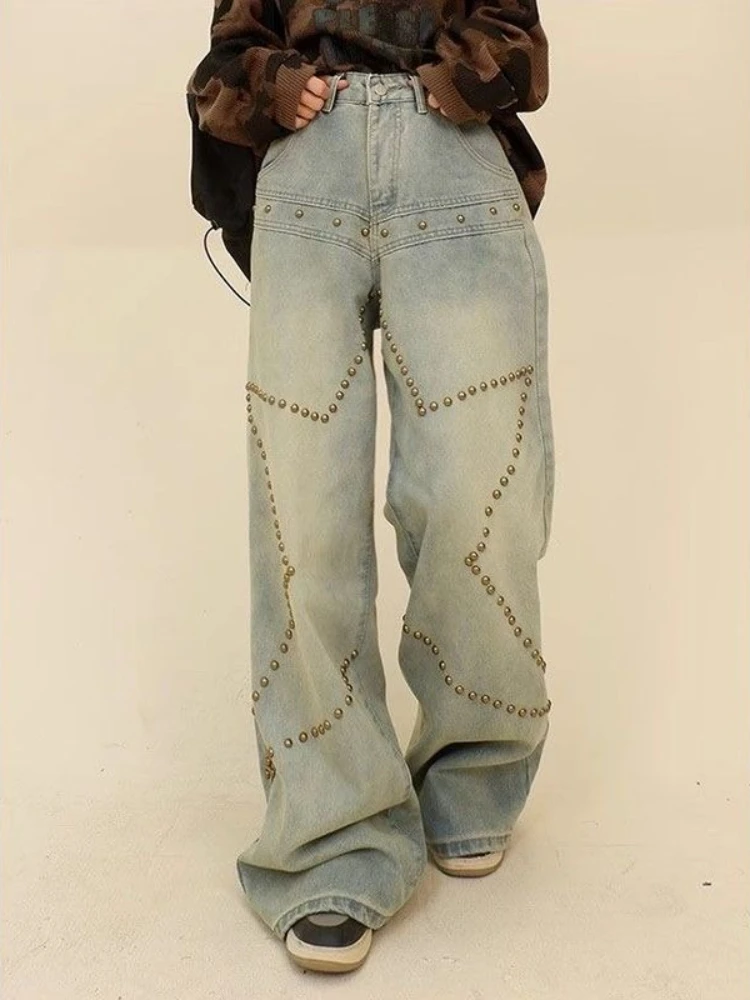 

Deeptown Wide Leg Boyfriend Jeans Woman Washed Distressed Punk American Retro Straight Denim Trousers Baggy Grunge Streetwear
