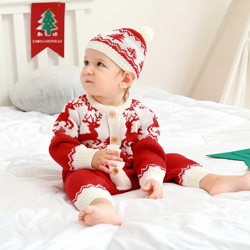 

Рождественский детский комбинезон, шапка, вязаный комплект рождественской одежды для младенцев, комбинезон с длинными рукавами для детей 0-18 месяцев, комбинезон для новорожденных мальчиков и девочек, милый мультяшный лось