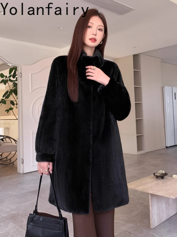 YOLANFAIRY جديد معطف فرو المنك الحقيقي المرأة سترة 2025 الشتاء الفاخرة منتصف طول معطف الفرو الطبيعي امرأة الوقوف طوق معاطف الفراء الأسود #3