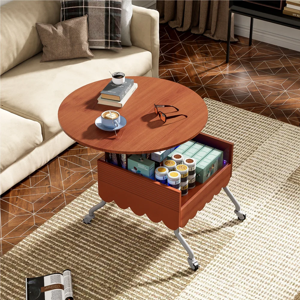 Round Lift-Top Coffee Table with Wheels, Metal Frame and Multi-Color Lighting in 27.6