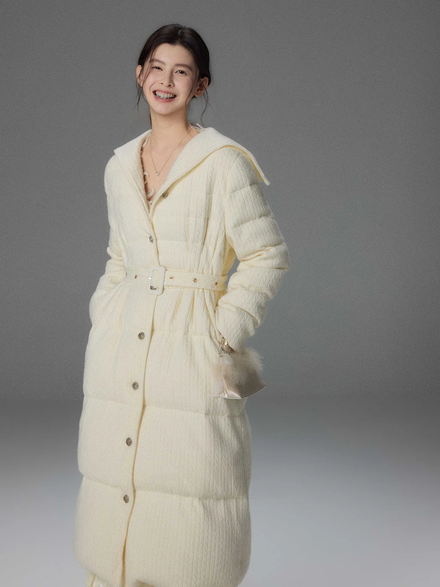 

Ele Navy V-Ne Thiened Knitted down Jaet Women's Waist-Cinching Winter Outerwear Two-Lamb Design QiNian Series