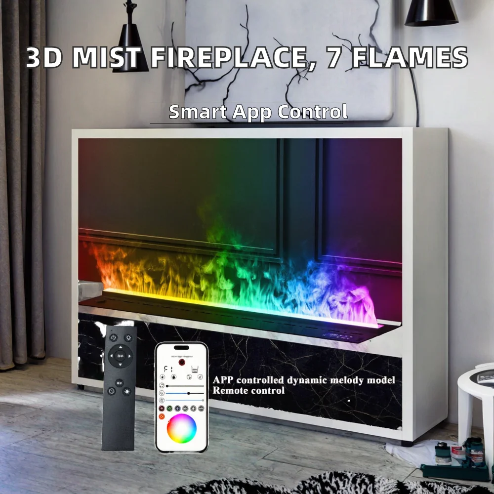Luxurious 1200mm Steel 7-flame Color 3D Steam Electric Mist Fireplace with Appcontrol Multimedia Bluetooth Living Room Fireplace