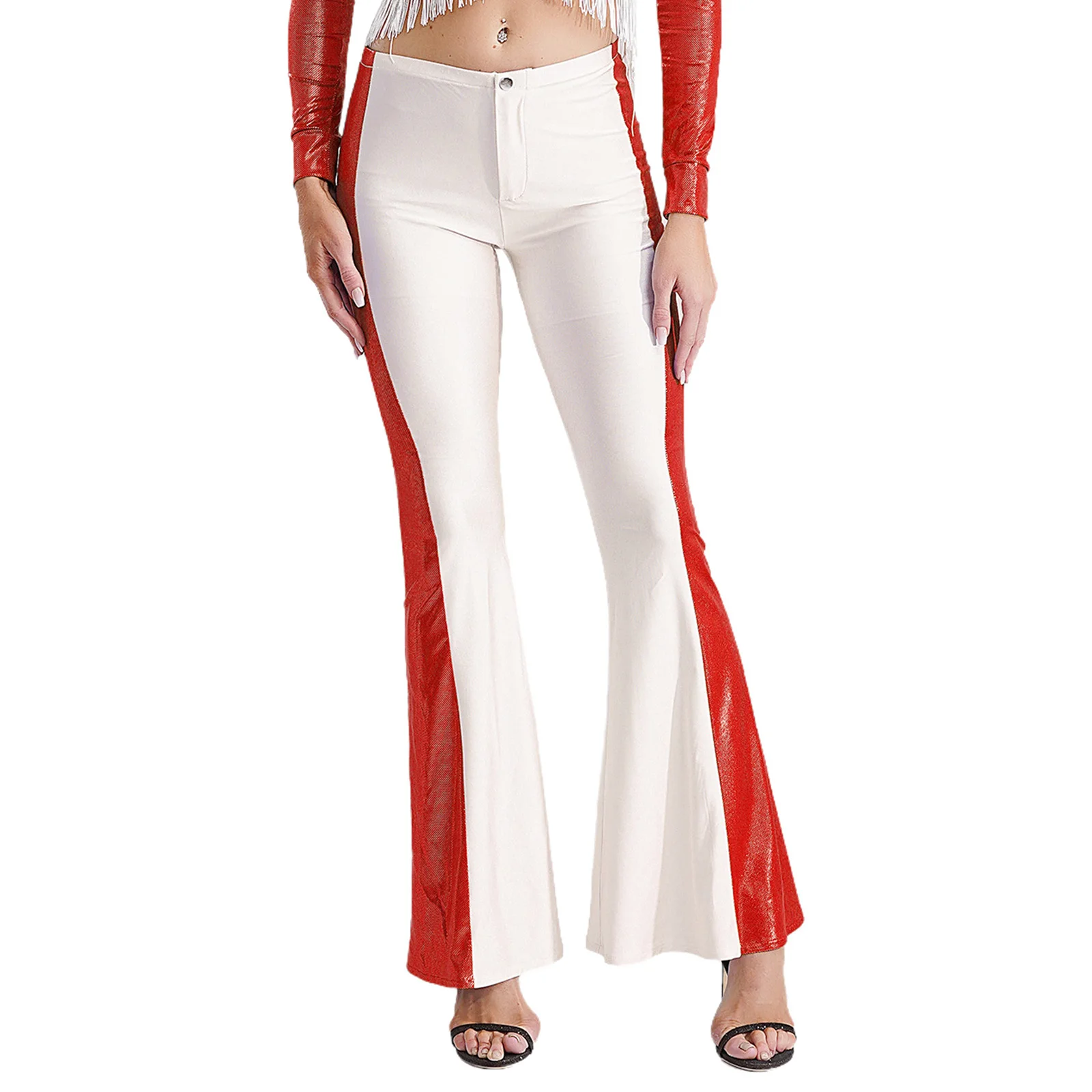 Women Stylish Slim Fit Flared Pants Western Cowgirl Cosplay Performance Costume Elastic Waistband Patchwork Long Flared Pants