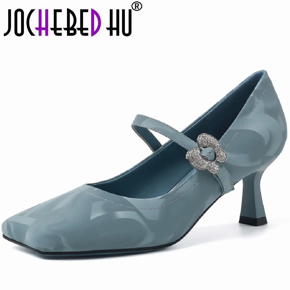 【JOCHEBED HU】New Sexy Charming Women's Single Shoes Square Headed Genuine Leather Decoration Fashionable Comfortable High Heel