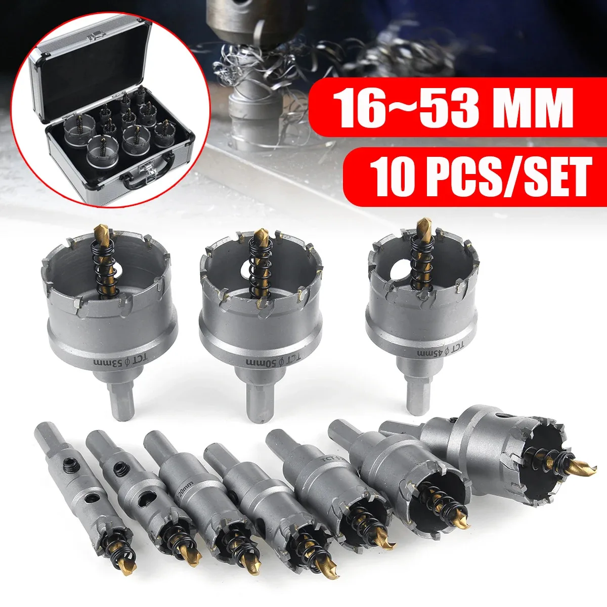 10Pcs 16-53mm Carbide Tip TCT Drill Bit Hole Saw Cutter Kit Stainless Steel Hexagon Wrench With Storage Box