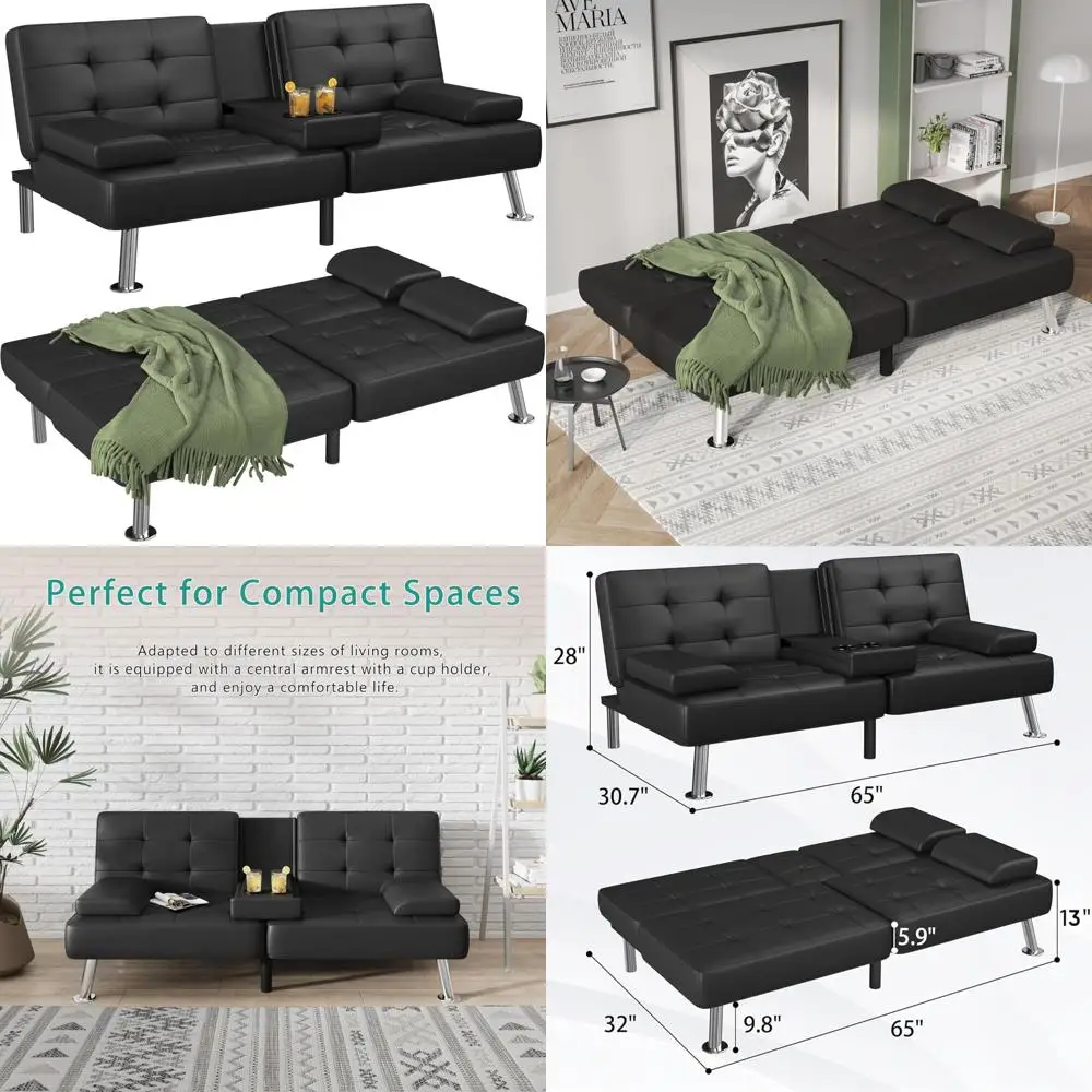 

Modern Convertible Futon Sofa Bed with Folding Recliner and 2 Cup Holders for Living Room, Removable Armrests