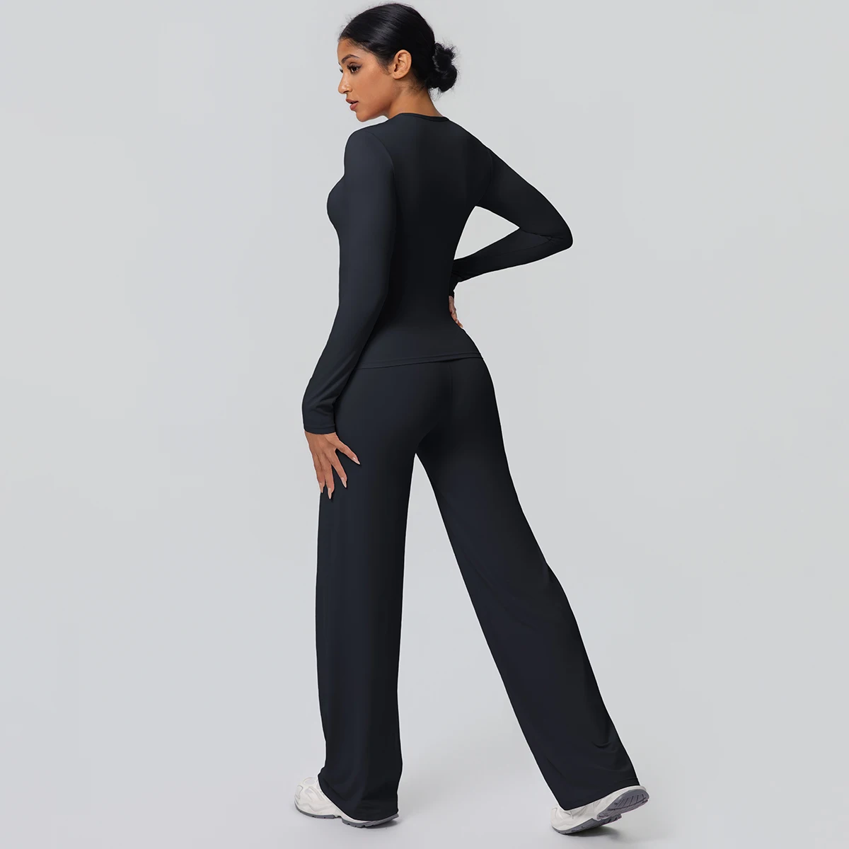 2 stück Frauen Gym Yoga Set Lauf Shirts Schlank Lange Ärmel Workout Top Schnell Trocknend Hohe Stretch Breite Bein Hosen dünne Yoga Set – Detail 16