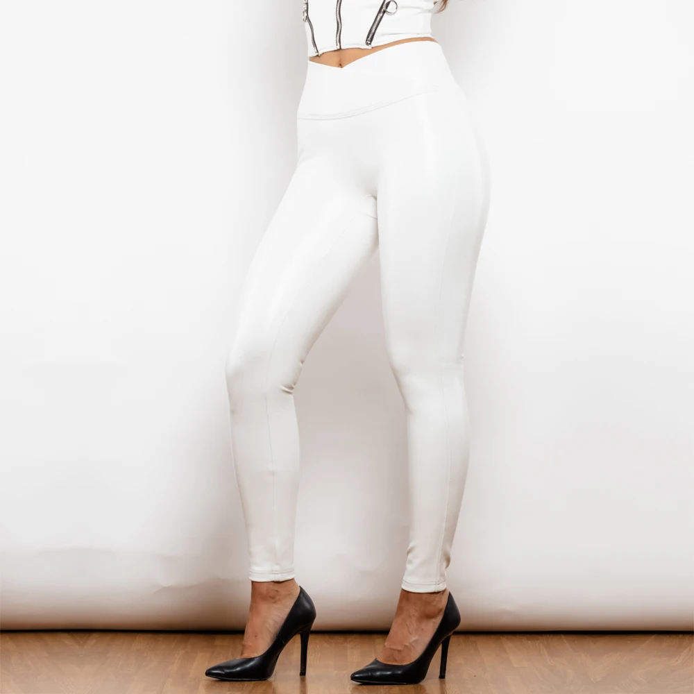 Shascullfites Melody White High Waist Leather Leggings Winter Leggings Women Pants Warm Tights Sexy Casual X Cross Pants