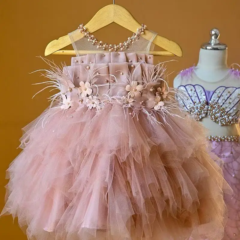 Bow Birthday Party Cake Tutu Dress Sweet Baby Girls Spring and Summer High End Heavy Pink Princess Sundress Kids Sequin Mesh