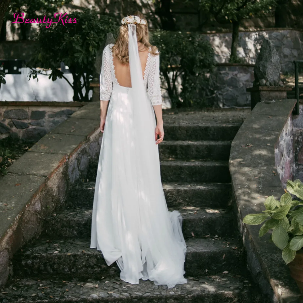 3/4 كم فستان الزفاف الشيفون للعرائس 2026 الدانتيل عارية الذراعين بوهو أنيقة زي العرائس البوهيمي رداء حفلات الزفاف