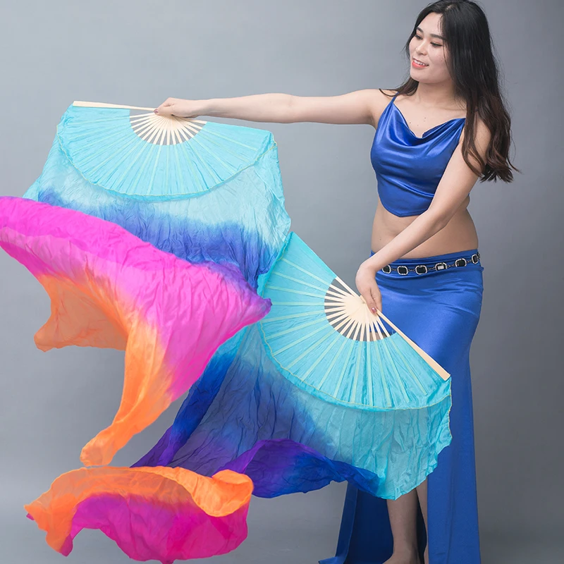 For Kid and Women Belly Dancing Bellydance 1 Pair Gradient Color Dancer Practice Stage Performance 150/180x90cm Real Silk Fans