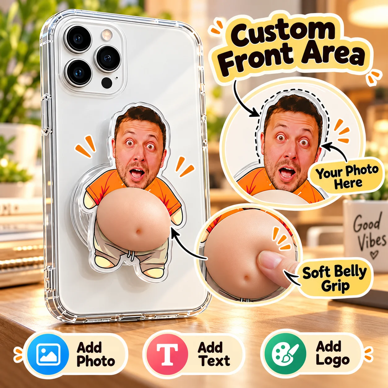Custom Phone Stand Personalized Cute Acrylic Belly Sticker Phone Grip Holder for Desk Office Travel Gift Custom Photo Name Logo