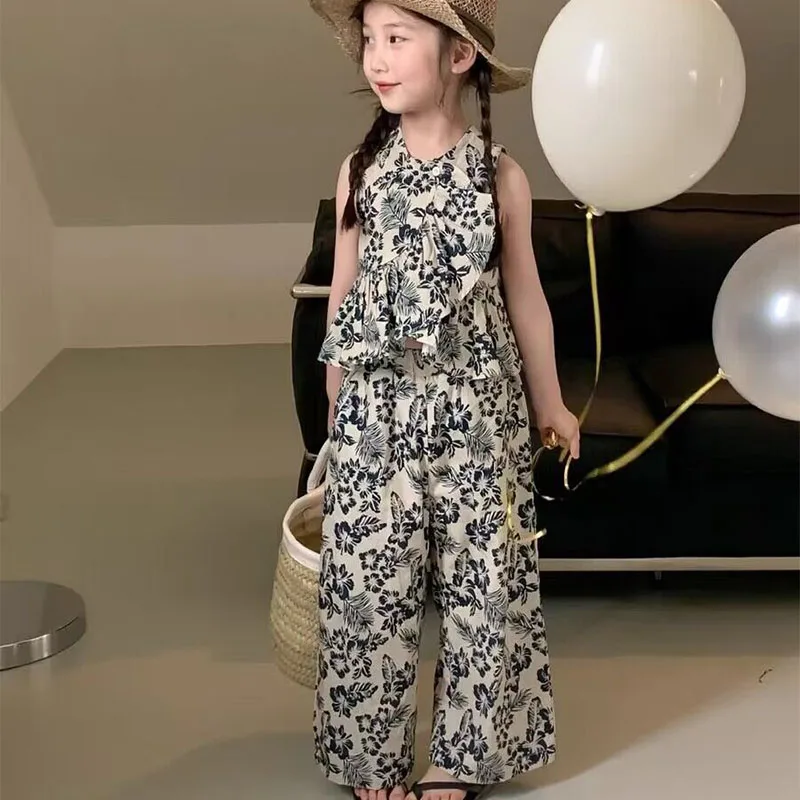 Baby Girl Clothes Korean Retro Printed Summer Children Sets Girls Causal Tank Top+Loose Pants Beach Holiday Birthday Party Set