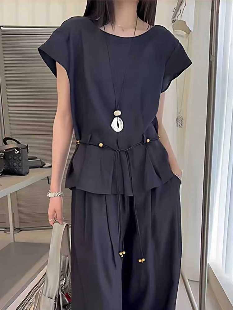 

Женский комплект из хлопка и льна: топ без рукавов и брюки с широкими штанинами, высокая талия, эластичный пояс, модный комплект из двух предметов, утягивающий фигуру.