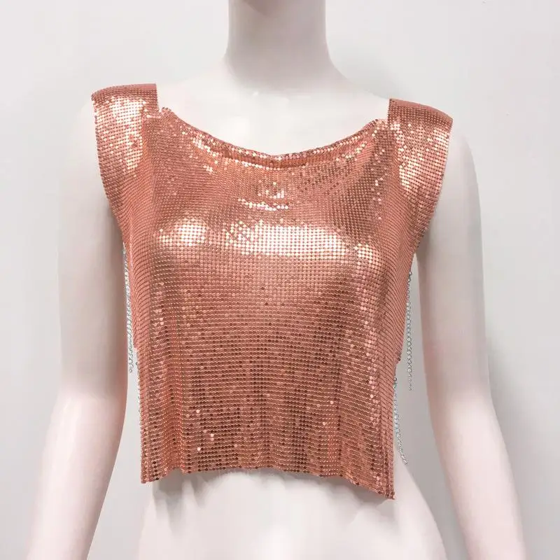 

Metallic Sequin Crop Top for Women Festival Music Theme Cross-Border Sle Spicy Girl ort Length A-Line Narrow Strap Vest