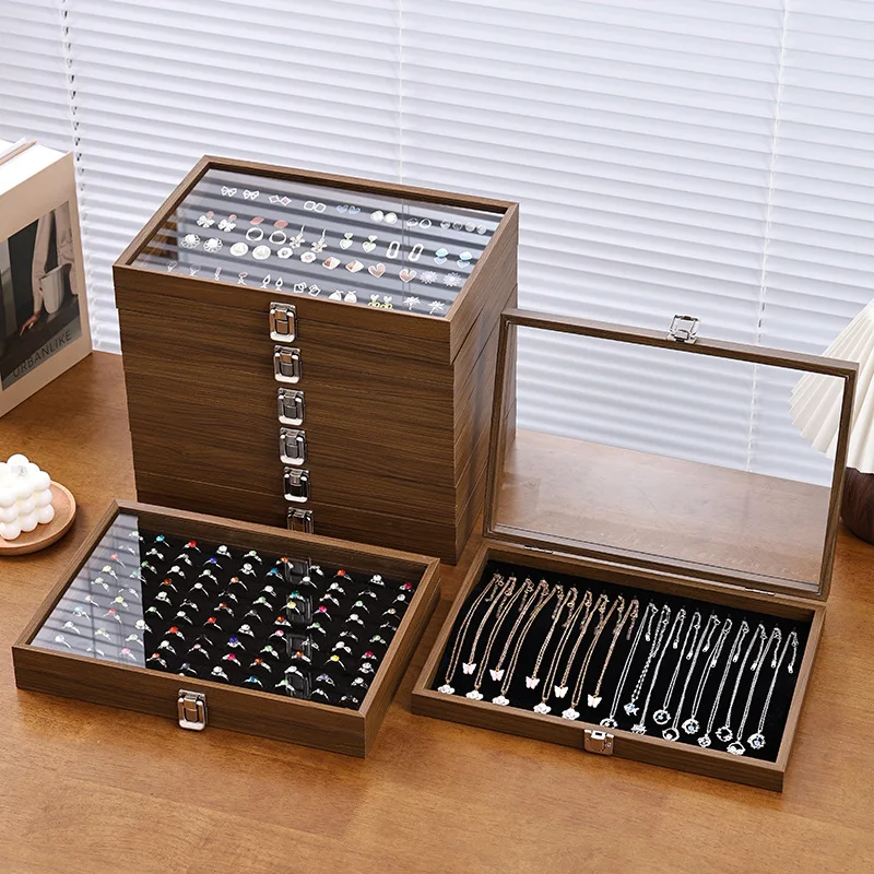 Wooden Pattern Large Jewelry Box with Window Rings Necklace Bracelet Business Displayer Case Organizers Storage Packaging Box