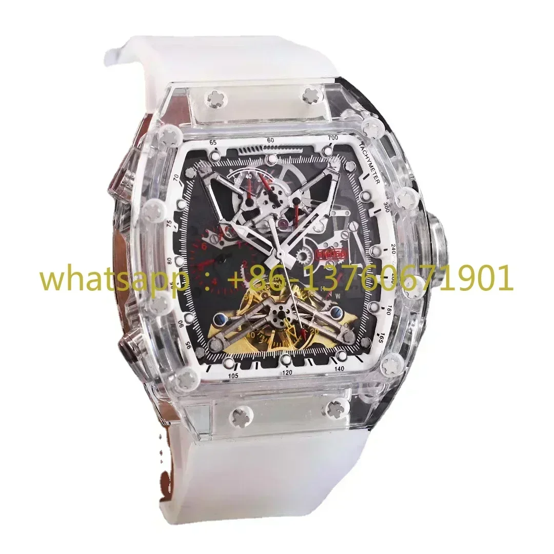 Luxury New Mens White Plastic Skeleton Watch Automatic Mechanical Tourbillon Sport Watches