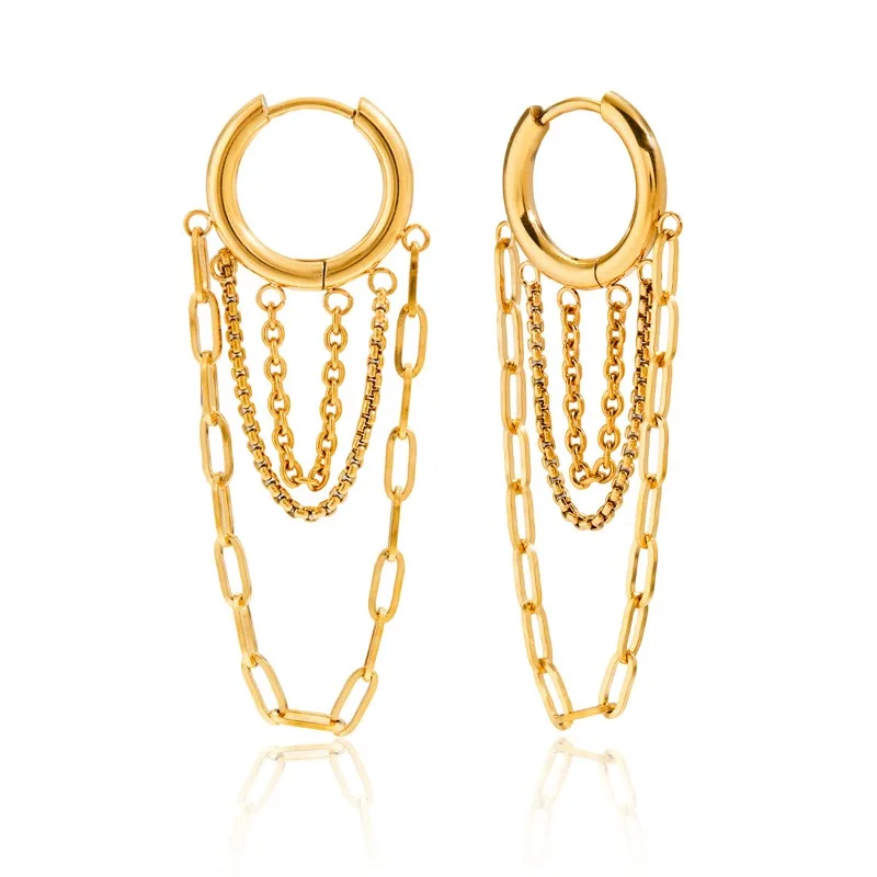 

Minar Hip Hop Rock Metallic Multi Layered Chain Tassel Long Hoop Earrings for Women 18K Gold PVD Plated 316L Stainless Steel
