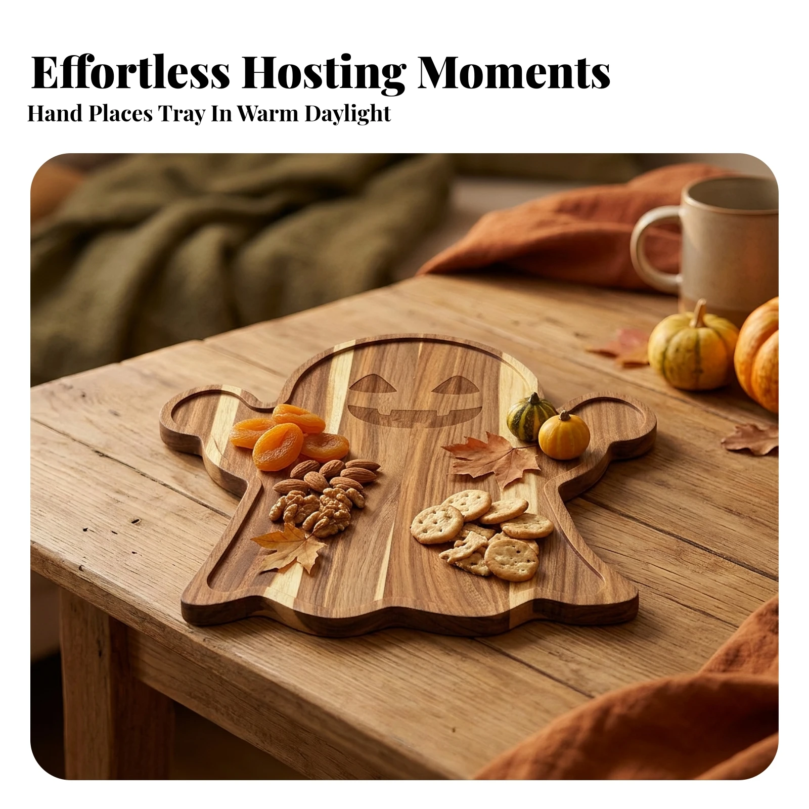 Wooden Tray with Jack-O'-Lantern Face Autumn Ghost Tray Wooden Serving Platter Sturdy Serving Board Long-Lasting for Party Hosts