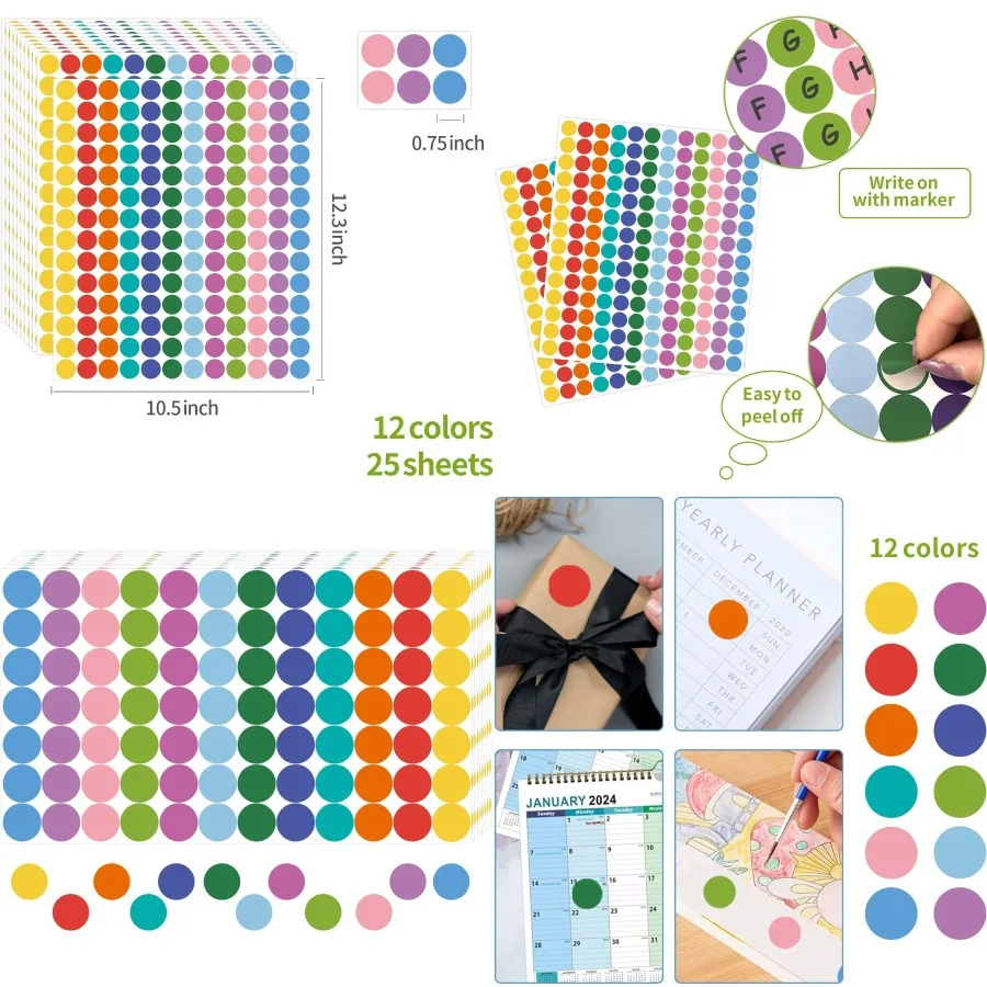 4200 قطعة 0.75 بوصة 12 لونًا ملصقات نقطية ملونة مستديرة للأطفال الصغار أوراق تعليمية ملصقات ترميز ملونة للمكتب والطلاب #1