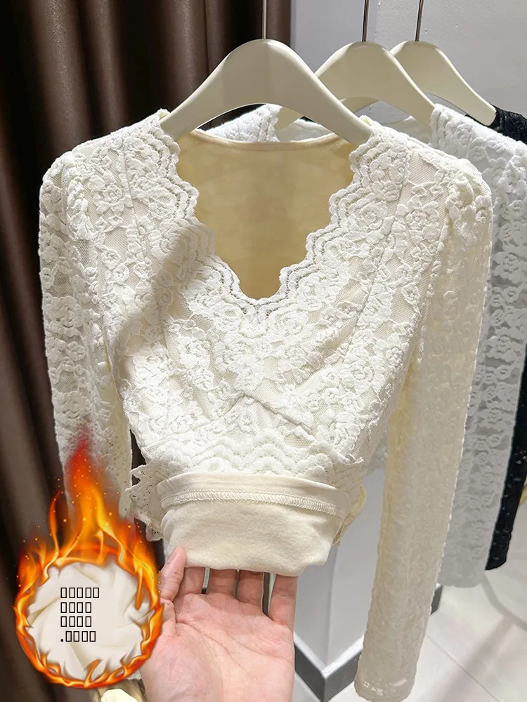 

Женский свитер-база из шенилла с кружевной отделкой, модный, для весны, осени и зимы, с V-образным вырезом