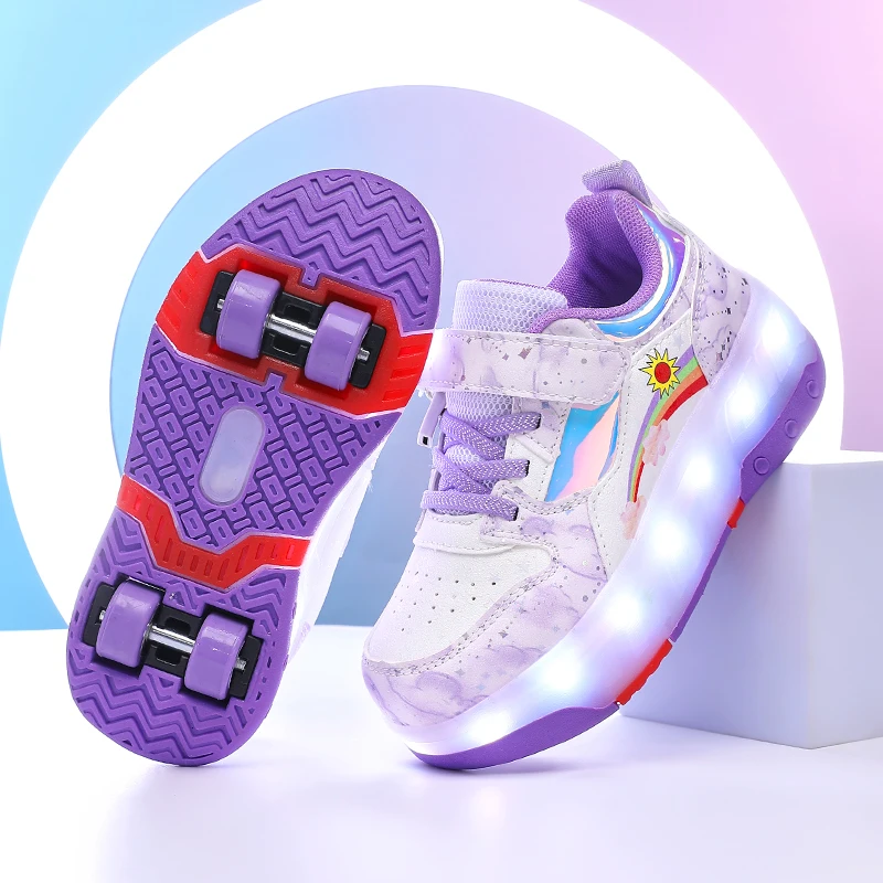 

Детские светодиодные кроссовки с зарядкой через USB, светящаяся обувь, спортивные роликовые коньки на открытом воздухе, детская повседневная обувь на четыре колеса для мальчиков и девочек, светящаяся обувь