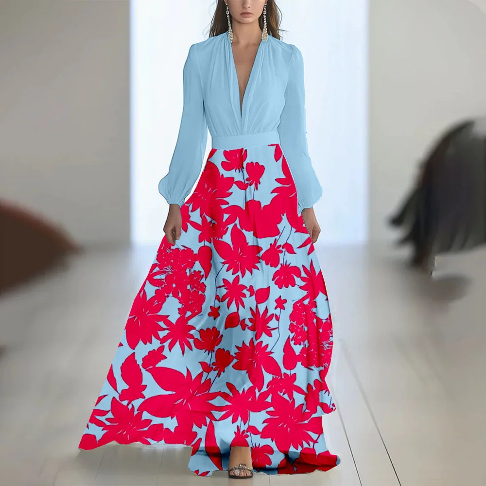 플로럴 프린트 롱 드레스 우아한 여성 스타일 미드 웨이스트 A라인 스커트 풀 슬리브 라운드 넥 식물 꽃무늬 크로스보더