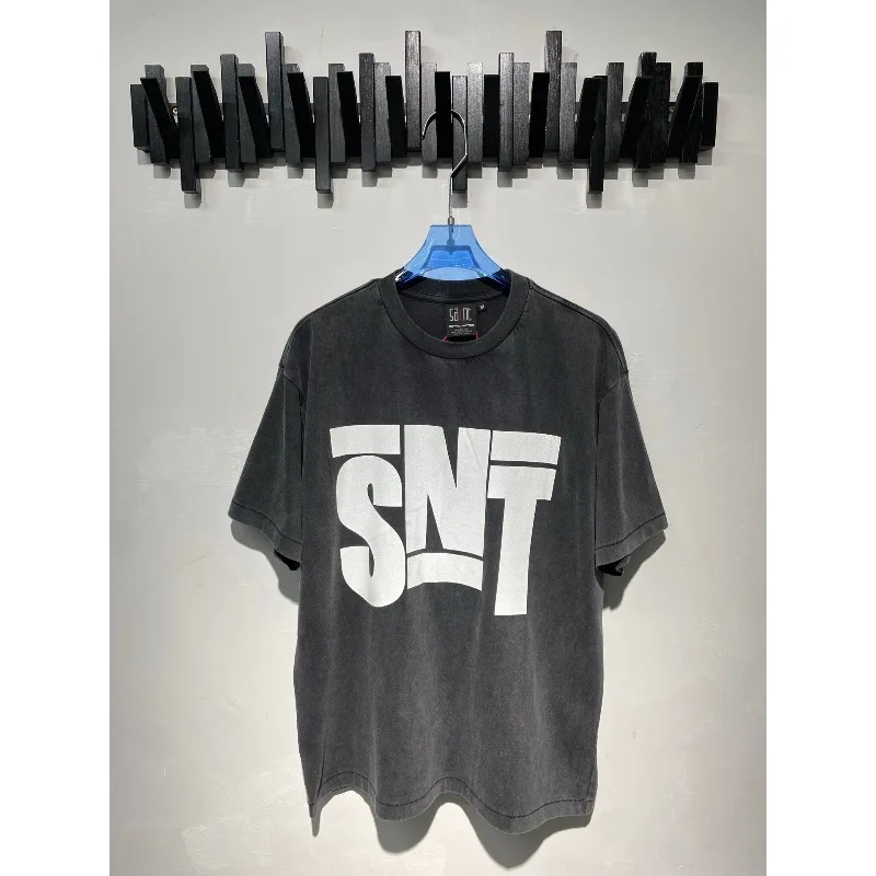 High Street  Saint Vintage Washed Distressed Streetwear T-Shirt Salnt Graphic Tee Men's Casual Fashion T-shirts
