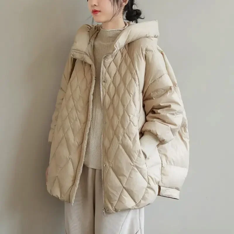 

Winter New White Duck Down Women's Hooded Plaid Art Loose Mid Length Casual Fashion Coat R201