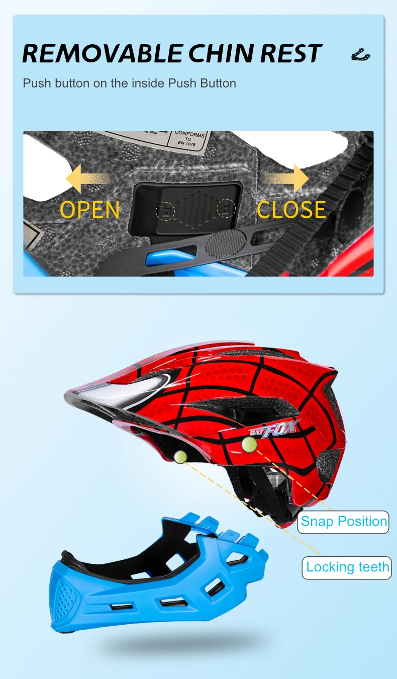 BATFOX Kinder Vollgesichts-Fahrradhelm Abnehmbarer Kinnriemen Stoßabsorbierende Schale Sicherheitszertifizierter Rad- und Rollerhelm für Kinder – Detail 18