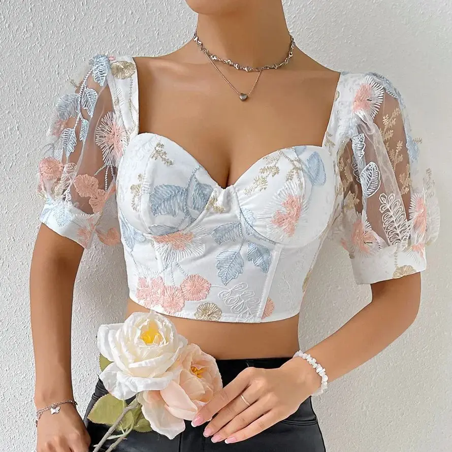 Summer Women's Elegant Corset Cropped Tops French Fashion Sexy Lace-up Bustier Tank Top Slim Camisole Puff Sleeve Bodice T-shirt