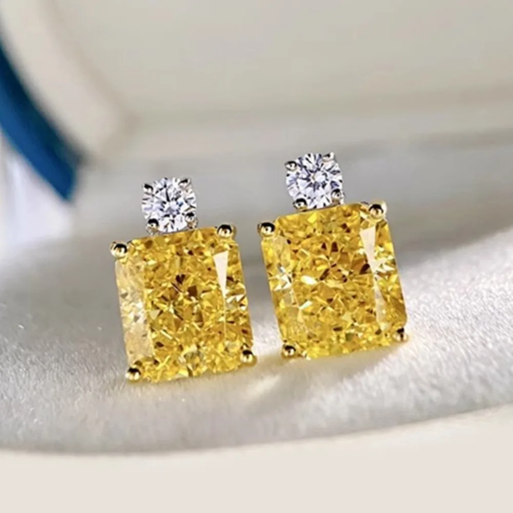 Simple Luxury Square Yellow 5A Zircon Stud Earrings for Women Two‑tone Setting Rectangle Cut CZ Earring Party Fashion Jewelry
