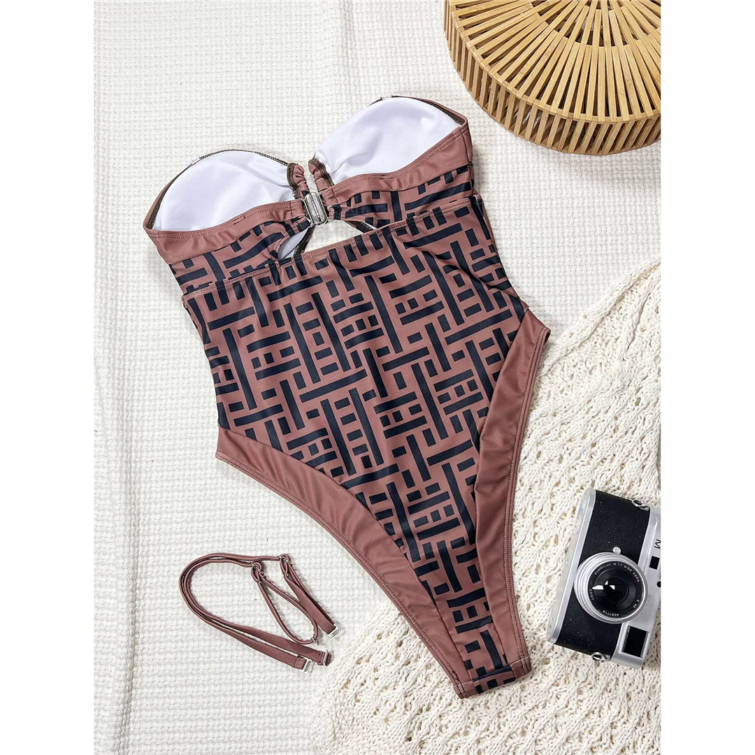 Neuer bedruckter Bandeau-Badeanzug mit Ausschnitten und U-Ausschnitt für Damen, einteiliger Badeanzug, Monokini mit hohem Beinausschnitt, Badebekleidung, Badeanzug, Modell V8259 – Detail 6