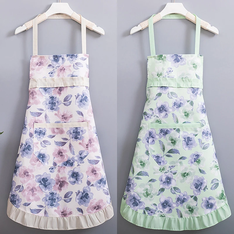 Cotton Canvas Floral For Women'S Kitchen Oilproof Apron With Pockets And Adjustable Waist Belt Waterproof Sleeveless Bib Apron