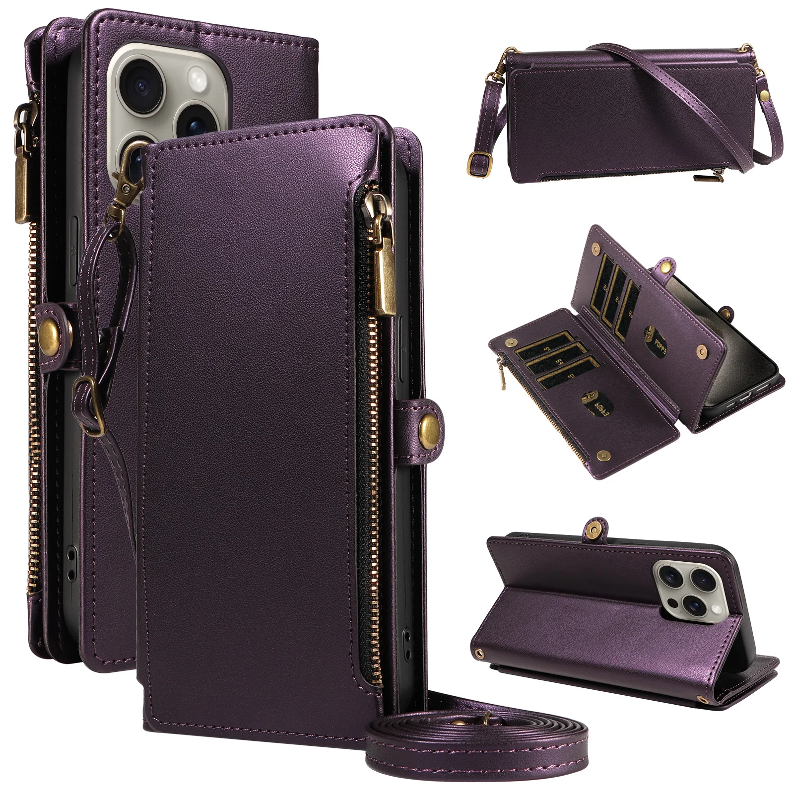 Handyhülle im Wallet-Stil mit mehreren Kartenfächern und langem Riemen zum Umhängen, Schutzhülle mit Reißverschluss für Münzen, Kunstleder-Schutzhülle für iPhone 17 Pro Max/16/15/14/13 – Detail 1