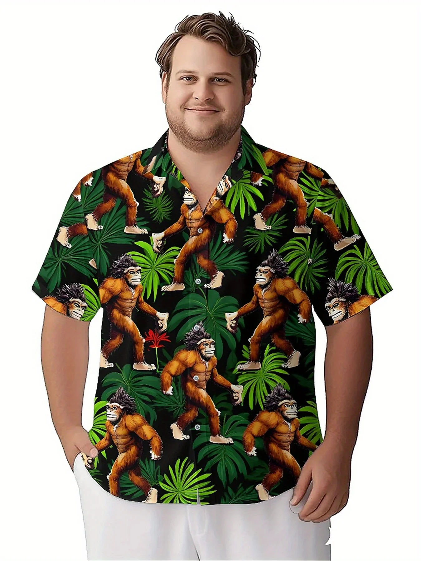 Kemeja Hawaii Ukuran Besar Pria Pola Sasquatch Klasik, Kemeja Berkancing, Pakaian Kasual Uniseks, Atasan Musim Panas