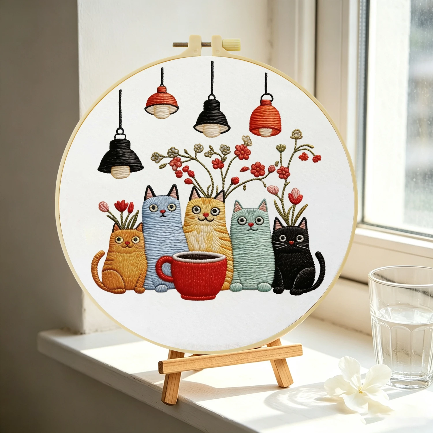 1 Set Kaffeetassen-Katzen DIY-Stickerei-Set für Anfänger, Stick-Starter-Kit, Kreuzstich-Kunstgeschenk, Handarbeits-Bastelset – Detail 4