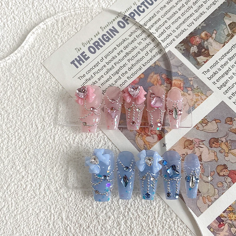 10PCS Handmade Coffin Shaped Nails, Beautiful Fake Nails, Charming Pink and Blue Nail Art, Butterfly, Suitable for Women to Use image 3