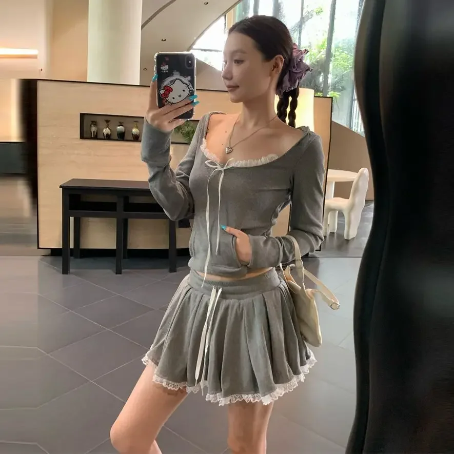 T-shirt Hooded Sweatshirt Lace Patchwork Gray Short Set for Women's Autumn A-line Skirt Casual  2 Piece Sets Womens Outfits