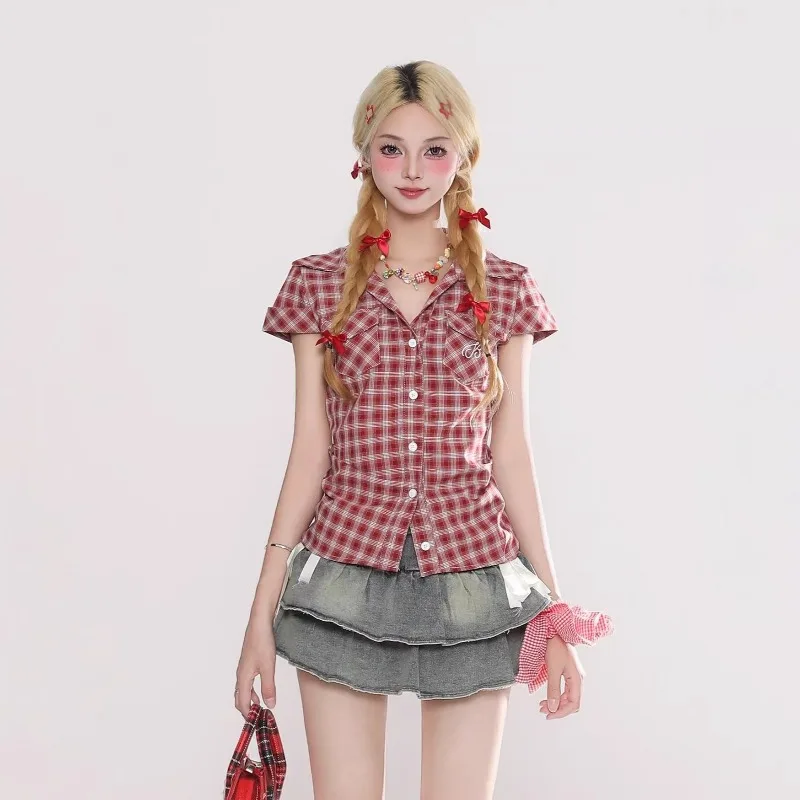 Harajuku Vintage Gothic Plaid Shirt Women Lolita Streetwear Grunge Short Sleeve Y2k Top Kawaii Ruffle Patchwork All-match Shirts