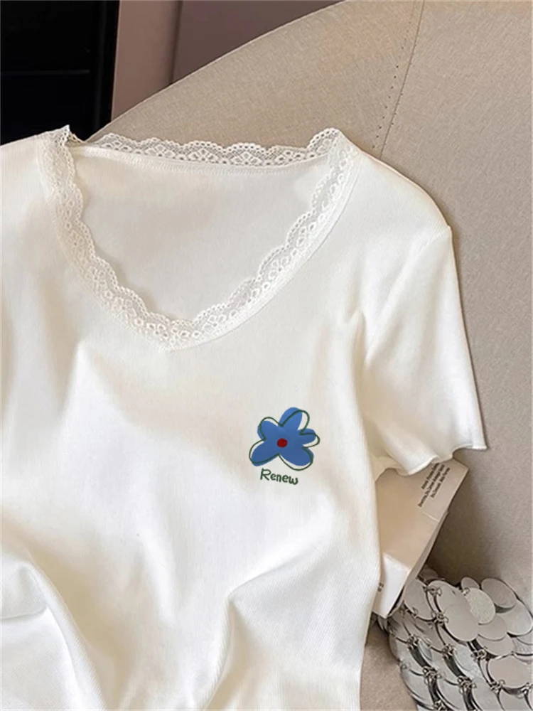 

Футболка Sweet Lace V-Ne ort Sve, повседневная свободная женская летняя модная трендовая повседневная футболка Moisture ng