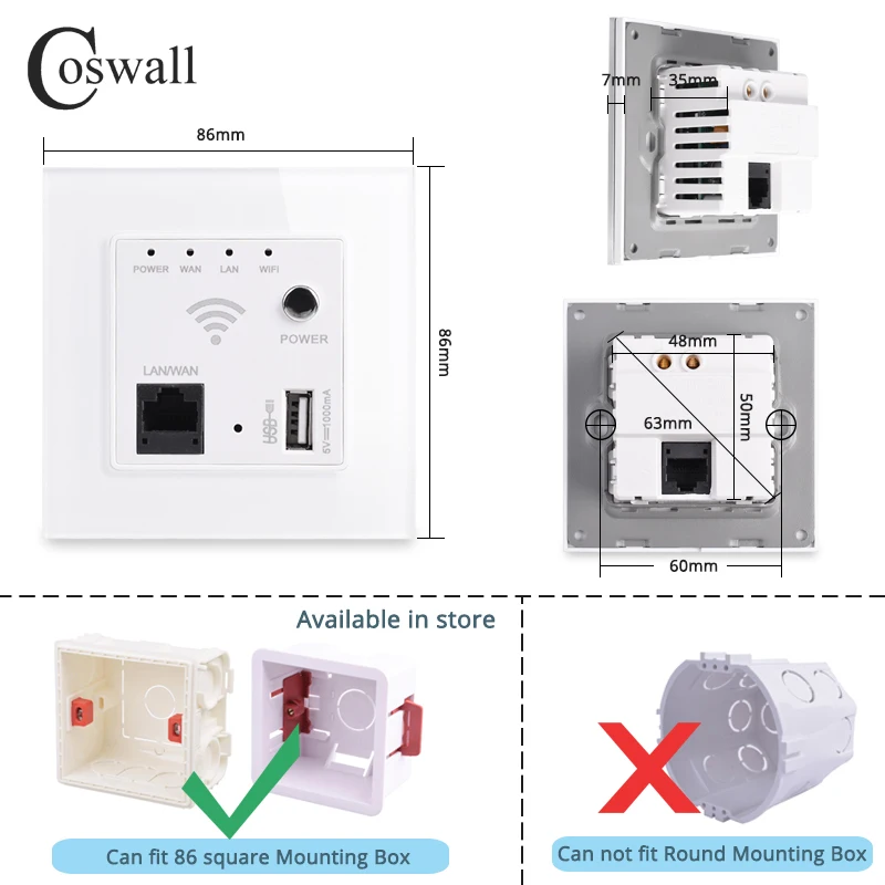 COSWALL C1 Series Glass Panel White 86*86mm 300M Wireless AP Router USB Charging Port 5V 1000mA Output Wall WIFI Routeur Socket