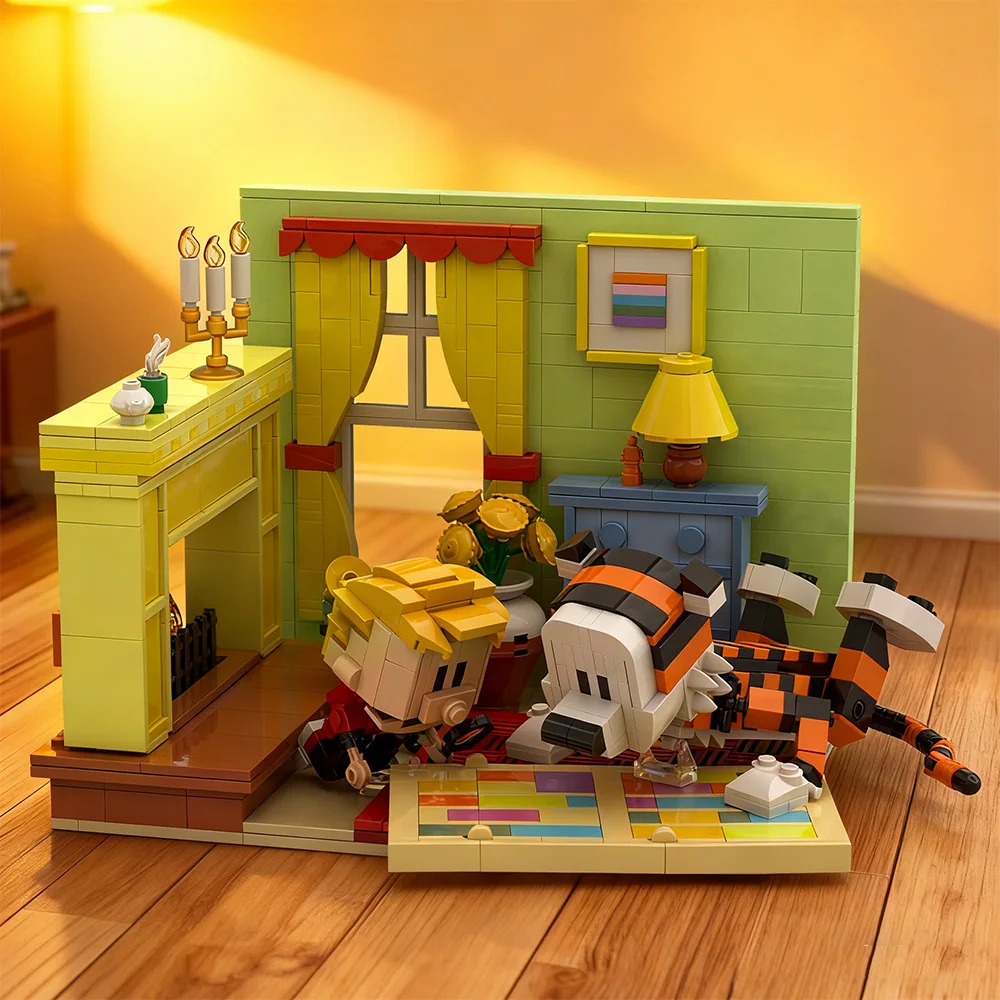 Image of MOC Calvined und Tiger House Bausteine Cartoon-Figuren Wohnzimmer-Szene Konstruktionsset Spielzeug Geschenk für Erwachsene