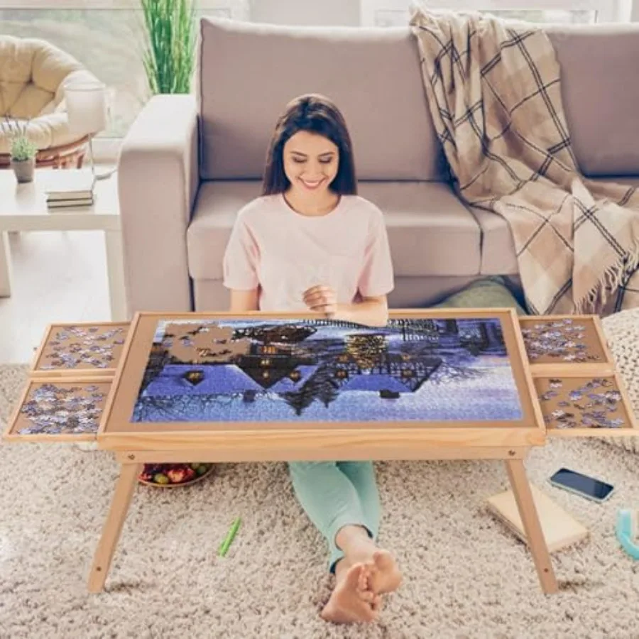

Puzzle board for adults and teens, wood composite, natural wood color, portable with folding legs, 4 drawers and cover, no inst
