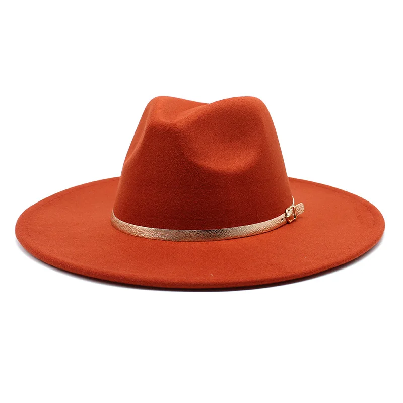 

Autumn And Winter Woolen Hat Glossy Belt Felt Cap European And American Fashion Big Flat Brim Jazz Wool Panama Cross-border