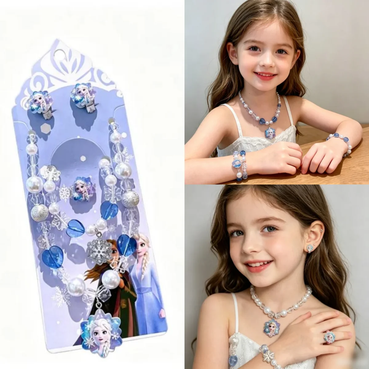 5 Stück Schneeprinzessin Kreatives Kinder-Party-Accessoire Schneeflocken-Liebes-Anhänger Armband Zubehör Mädchen Ohrclip Ring Accessoires