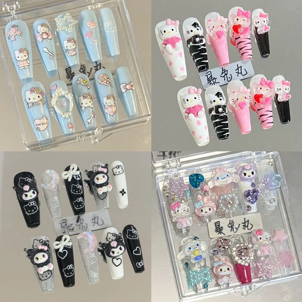 Cartoon Sanrio Hello Kitty Kuromi Spice Girl Y2K Handmade Press On Nails Long Coffin Diamond Bow Removable Fake Nail Stickers