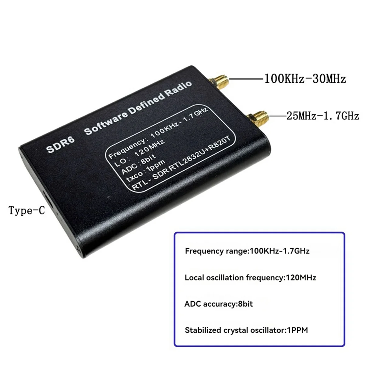 HOT SDR6 RTL-SDR Receiver 100KHz-1.7GHz SDR Software Signal Receiver Radio Aviation Shortwave Wideband RTL2832U+R820T